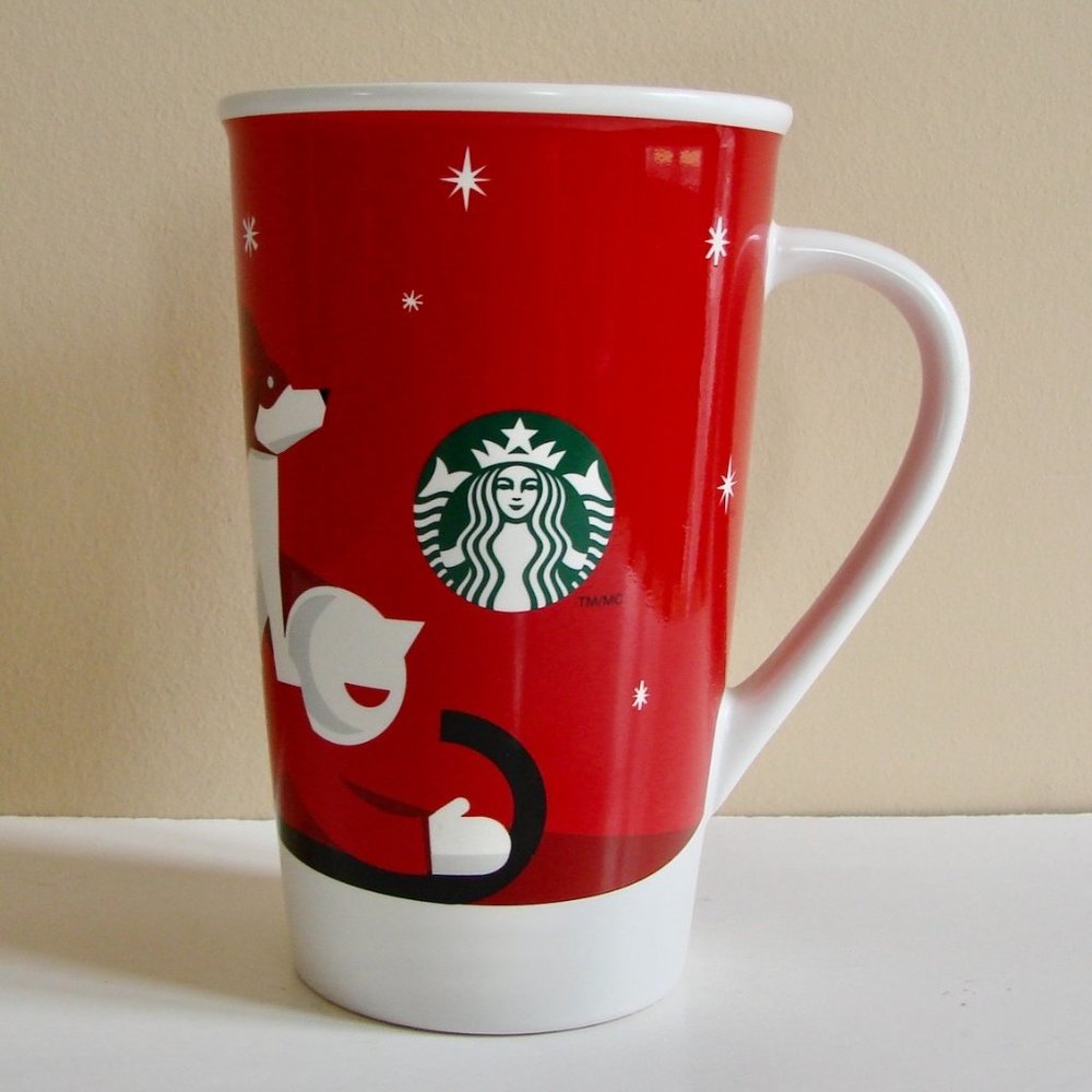 Starbucks Tall Coffee Tea Mug Logo 16oz 2011 Christmas Dog Boy Sled Red Logo